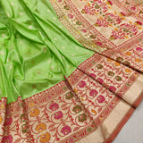 Parrot Green Colour Pure Katan Silk Handwoven Banarasi Saree