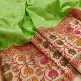 Parrot Green Colour Pure Katan Silk Handwoven Banarasi Saree