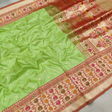 Parrot Green Colour Pure Katan Silk Handwoven Banarasi Saree