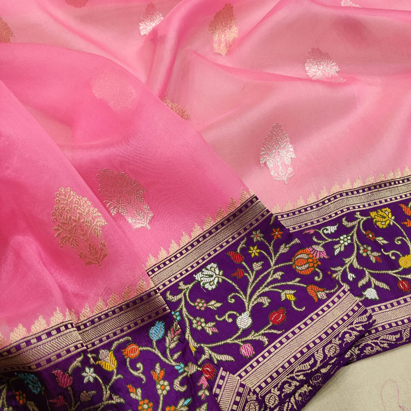Pink Color Pure Kora Silk Handwoven Banarasi Saree