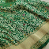 Bottle Green Katan Silk Handwoven Tanchoi Banarasi Saree