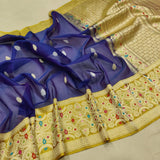 Blue Pure Kora Silk Handwoven Banarasi Saree