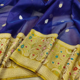 Blue Pure Kora Silk Handwoven Banarasi Saree