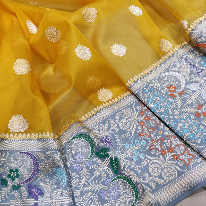 Yellow Color Pure Kora Silk Handwoven Banarasi Saree