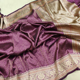 Wine Color Pure Katan Silk Handwoven Tanchoi Banarasi Saree