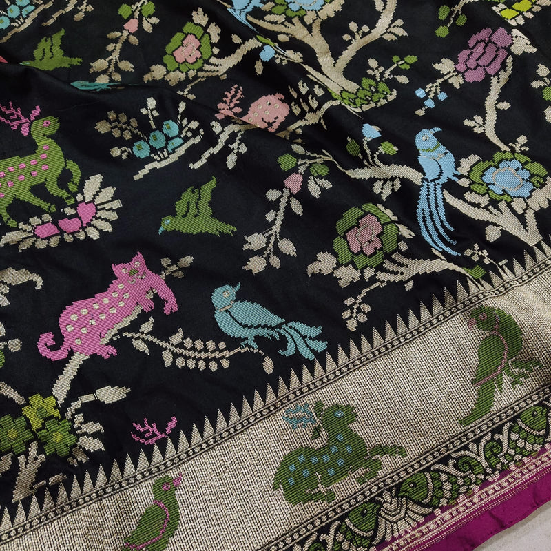 Black Color Pure Katan Silk Handwoven Banarasi Saree