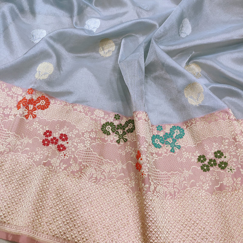 Gray Colour Pure Tissue Silk Handwoven Banarasi Saree