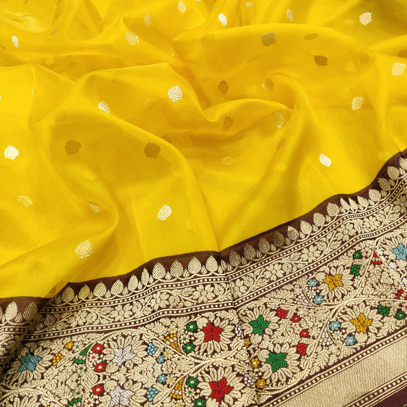 Yellow Color Pure Kora Silk Handwoven Banarasi Saree