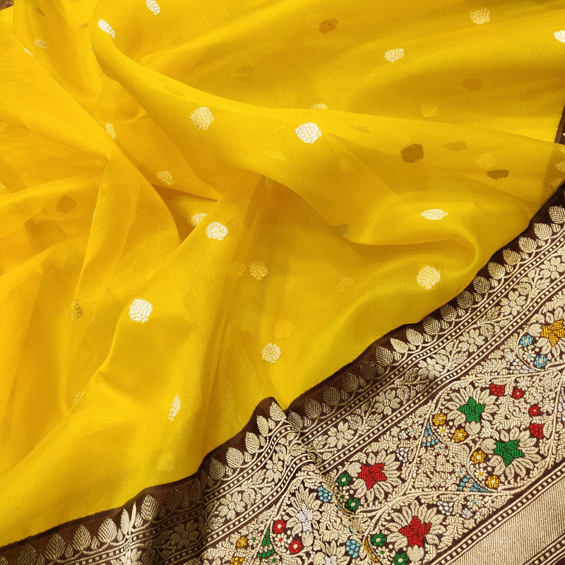 Yellow Color Pure Kora Silk Handwoven Banarasi Saree
