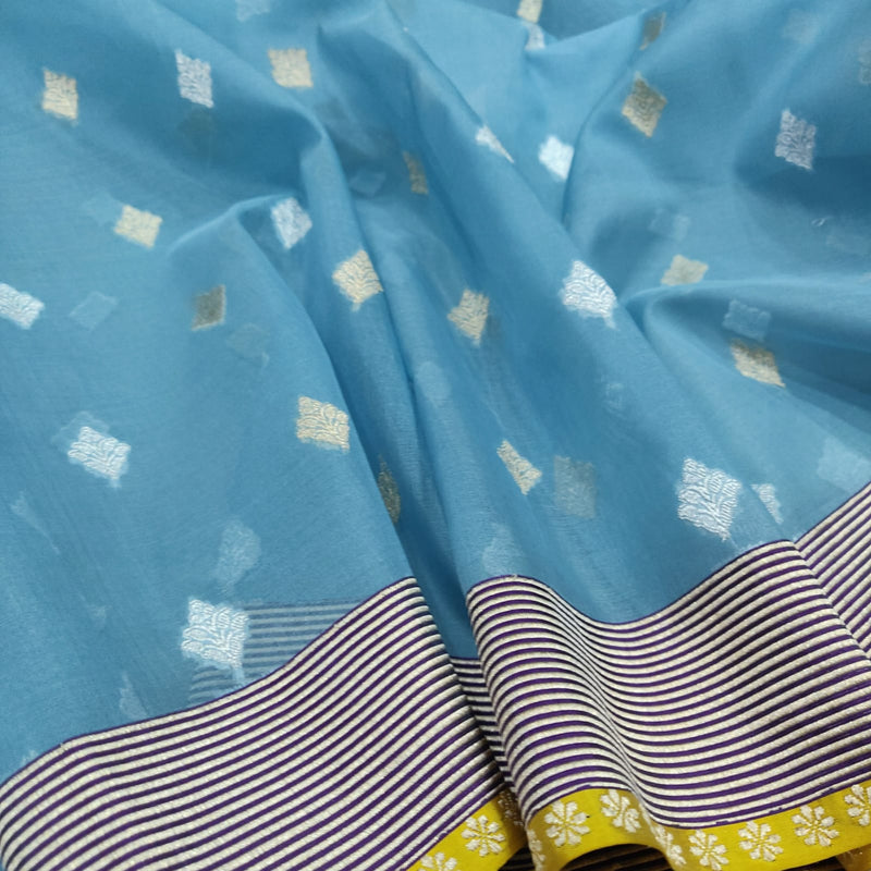 Sky Blue Color Pure Kora Silk Handwoven Banarasi Saree