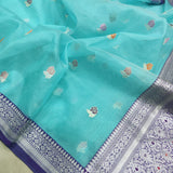 Sky Blue Colour Pure Kora Silk Handwoven Banarasi Saree