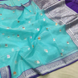 Sky Blue Colour Pure Kora Silk Handwoven Banarasi Saree