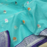 Sky Blue Colour Pure Kora Silk Handwoven Banarasi Saree