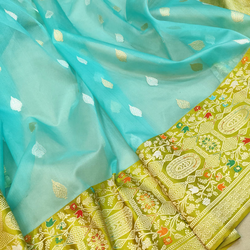 Sky Blue Color Pure Kora Silk Handwoven Banarasi Saree