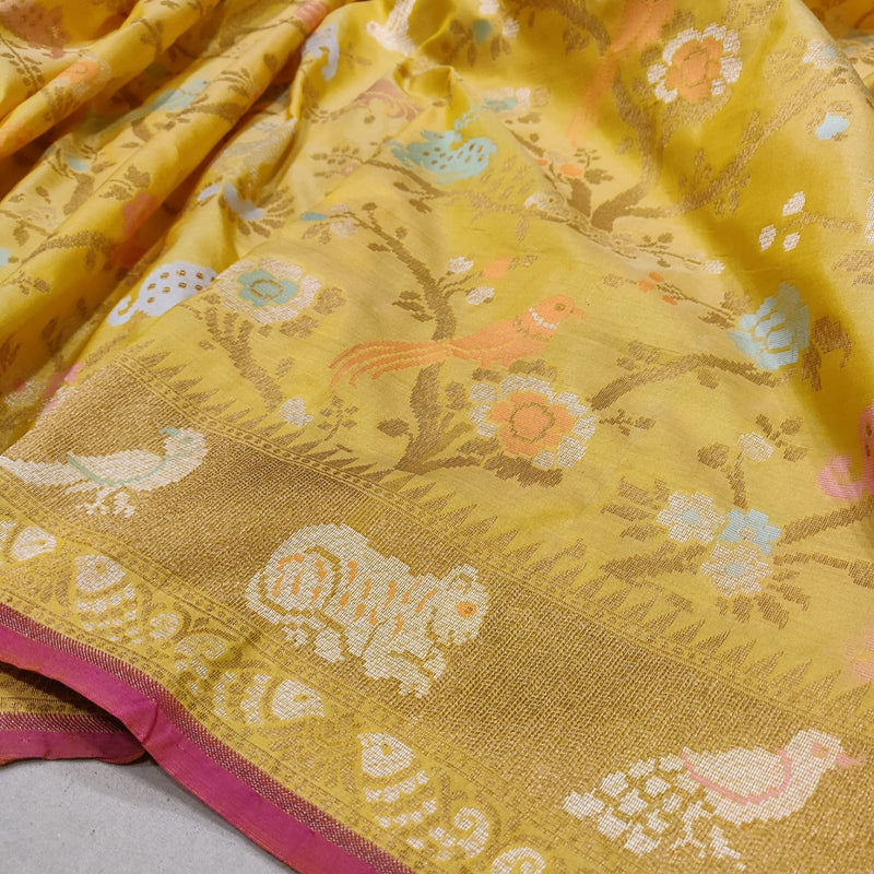 Yellow Color Pure Katan Silk Handwoven Banarasi Saree