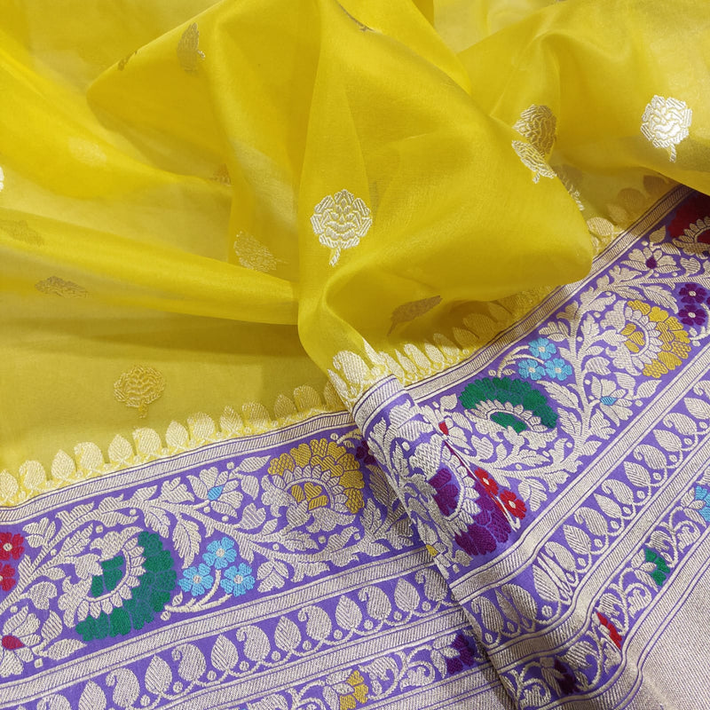 Lemon Yellow Colour Pure Kora Silk Handwoven Banarasi Saree
