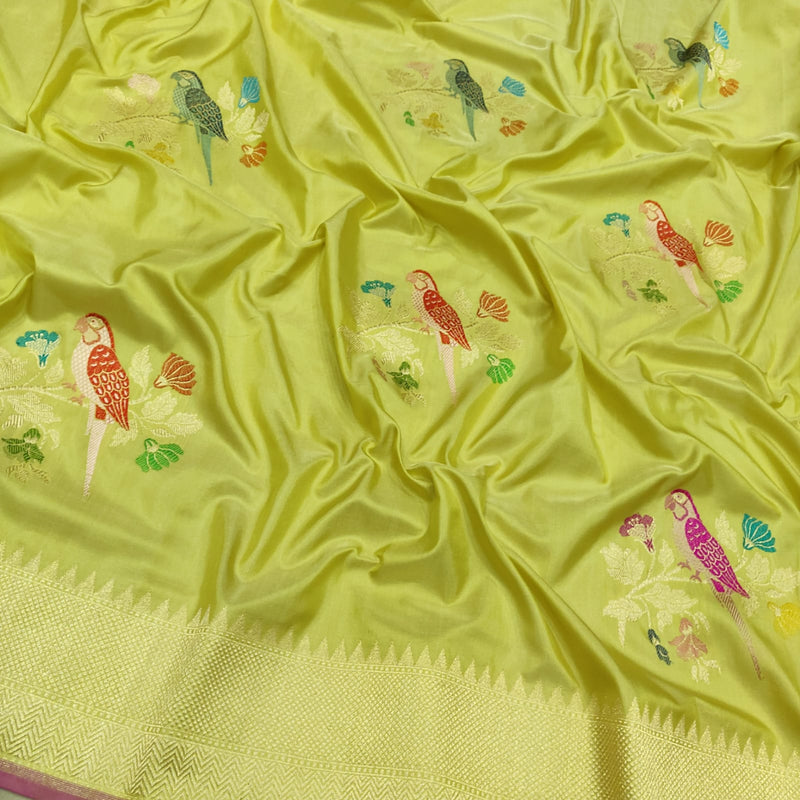 Lemon Color Pure Katan Silk Handwoven Banarasi Saree