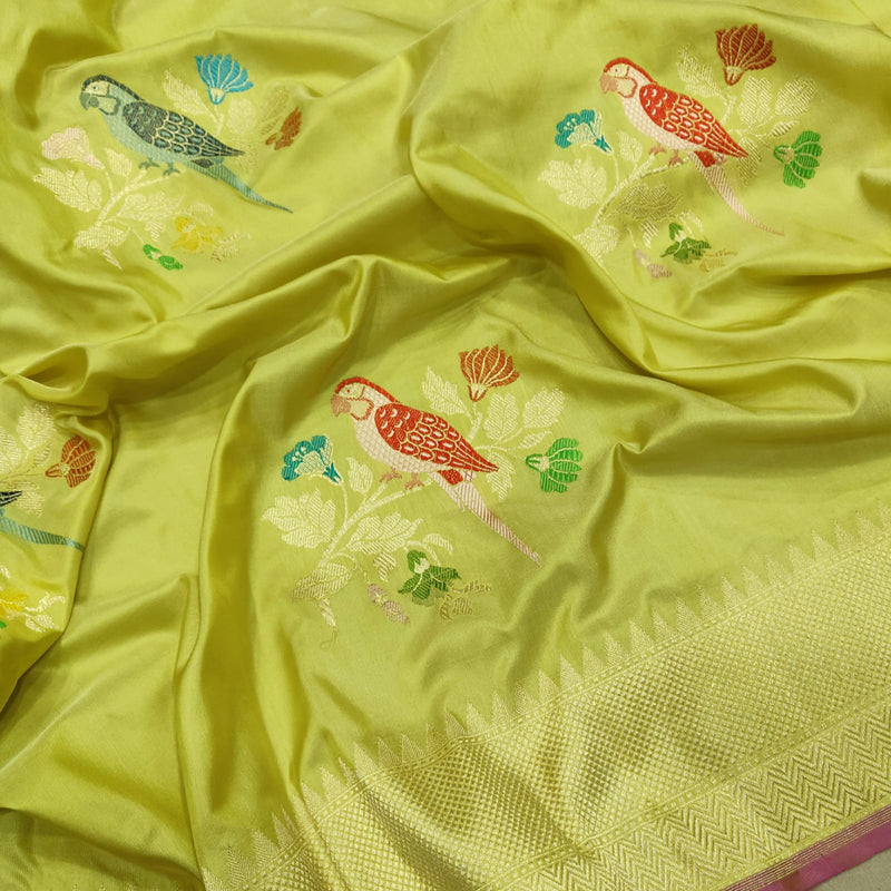 Lemon Color Pure Katan Silk Handwoven Banarasi Saree