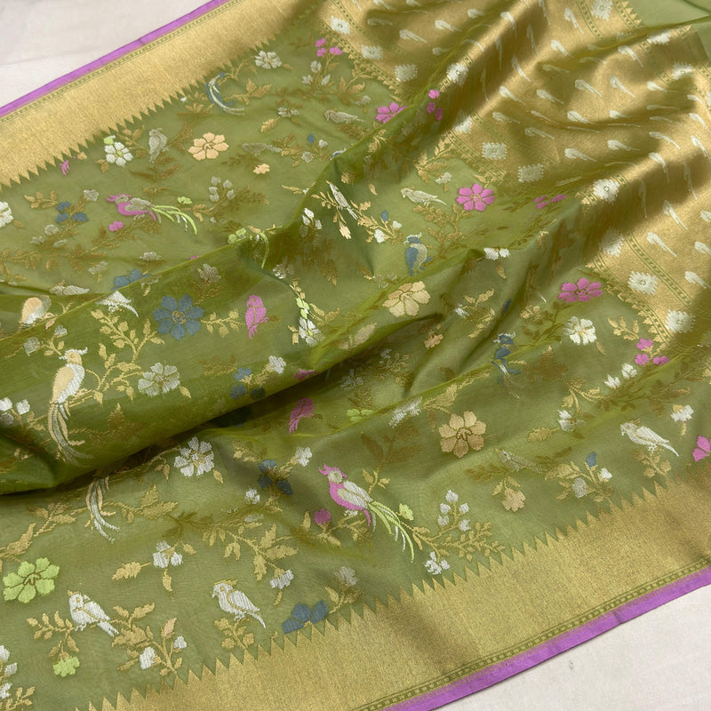 Mehandi green colour pure kora jamdani Handwoven banarasi saree