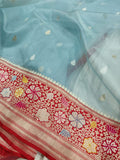 Sky blue colour Pure Kora  Handwoven Banarasi Saree