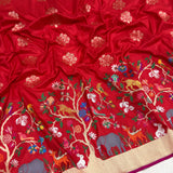 Red colour pure katan silk Handwoven banarasi paithani saree