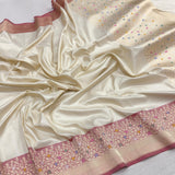 Off white colour pure katan silk handwoven banarasi saree
