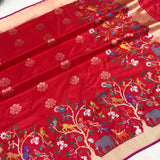 Red colour pure katan silk Handwoven banarasi paithani saree