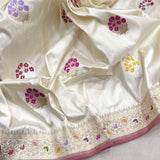 Off white colour pure katan silk handwoven banarasi saree