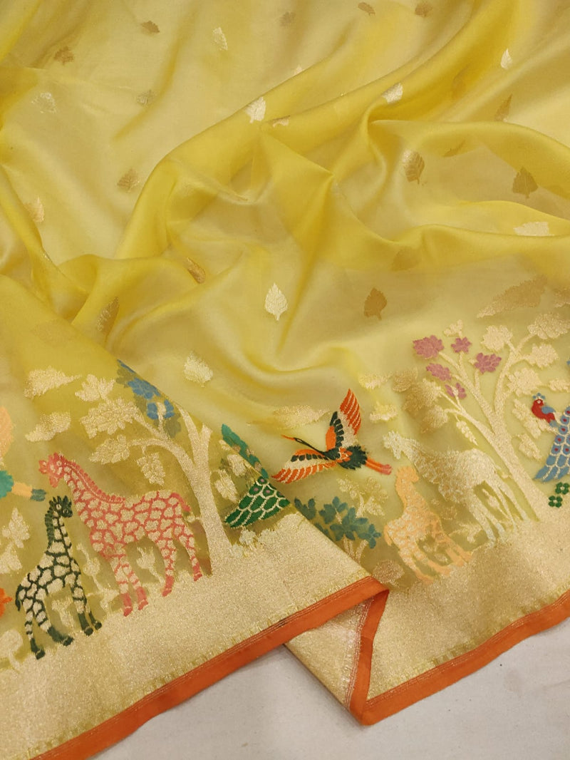 Yellow colour Pure Ektara Kora Silk Handwoven Banarasi Saree