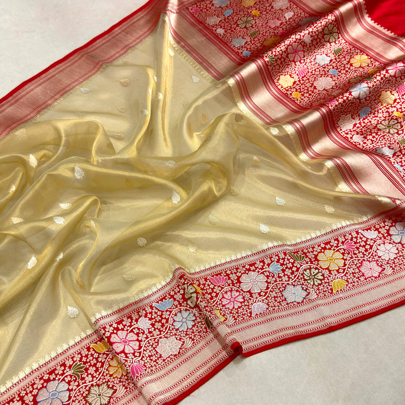 Golden colour pure tissue Handwoven Banarasi saree