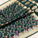 Dark green colour pure katan silk Handwoven banarasi saree