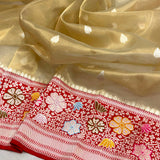 Golden colour pure tissue Handwoven Banarasi saree