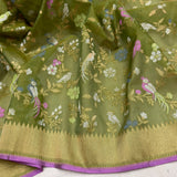 Mehandi green colour pure kora jamdani Handwoven banarasi saree