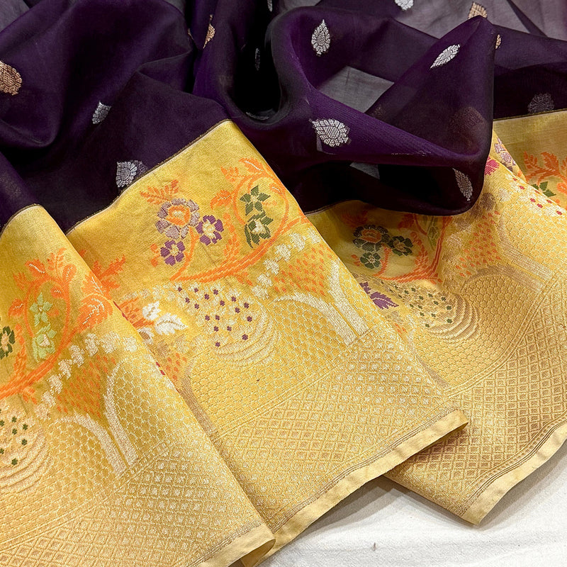 Purple colour pure kora Handwoven banarasi saree