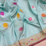 Sky blue colour pure katan silk handwoven banarasi saree