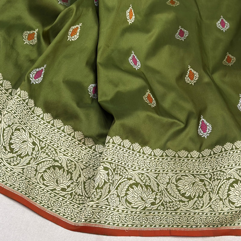 Mehandi green colour pure katan silk Handwoven banarasi saree
