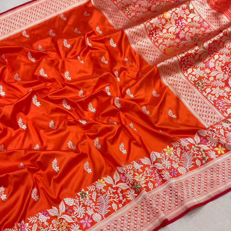 Orange colour pure katan silk Handwoven banarasi saree