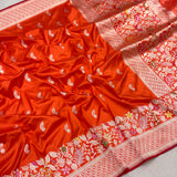 Orange colour pure katan silk Handwoven banarasi saree