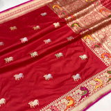 Red colour pure katan silk handwoven banarasi saree