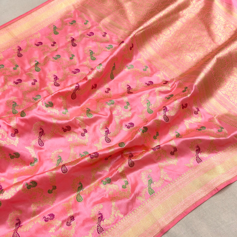 Baby pink colour pure katan silk Handwoven banarasi jungla saree