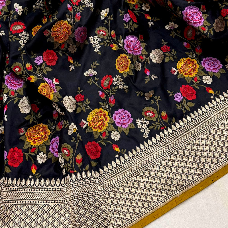 Black colour pure katan silk handwoven banarasi saree