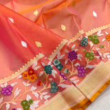 Orange color pure kora handwoven banarasi saree