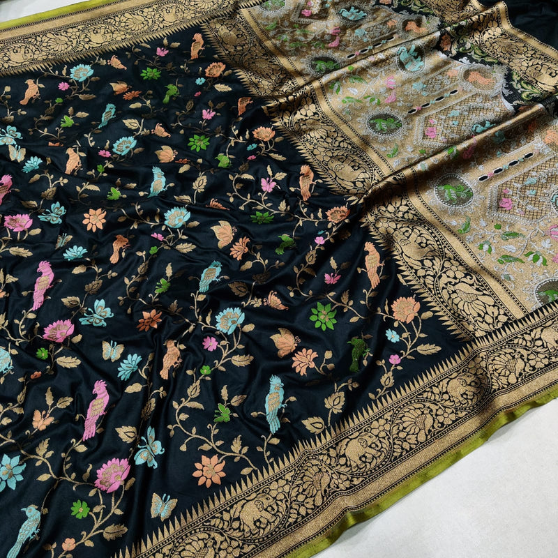 Black Color Pure Katan Silk Handwoven Banarasi Saree