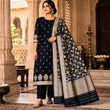 Black colour pure katan silk handwoven banarasi 3  piece suit