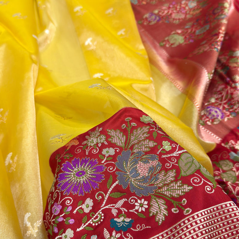 Yellow colour pure tissue Handwoven Banarasi Saree