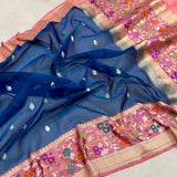 Peacock colour pure kora Handwoven Banarasi saree