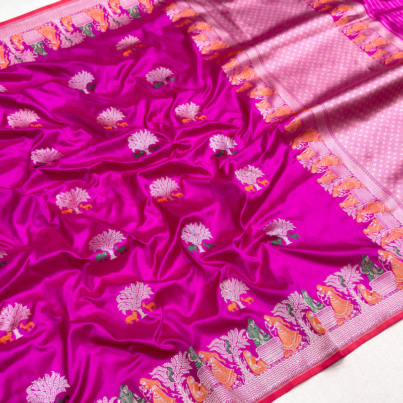 Rani pink colour pure katan silk handwoven banarasi saree