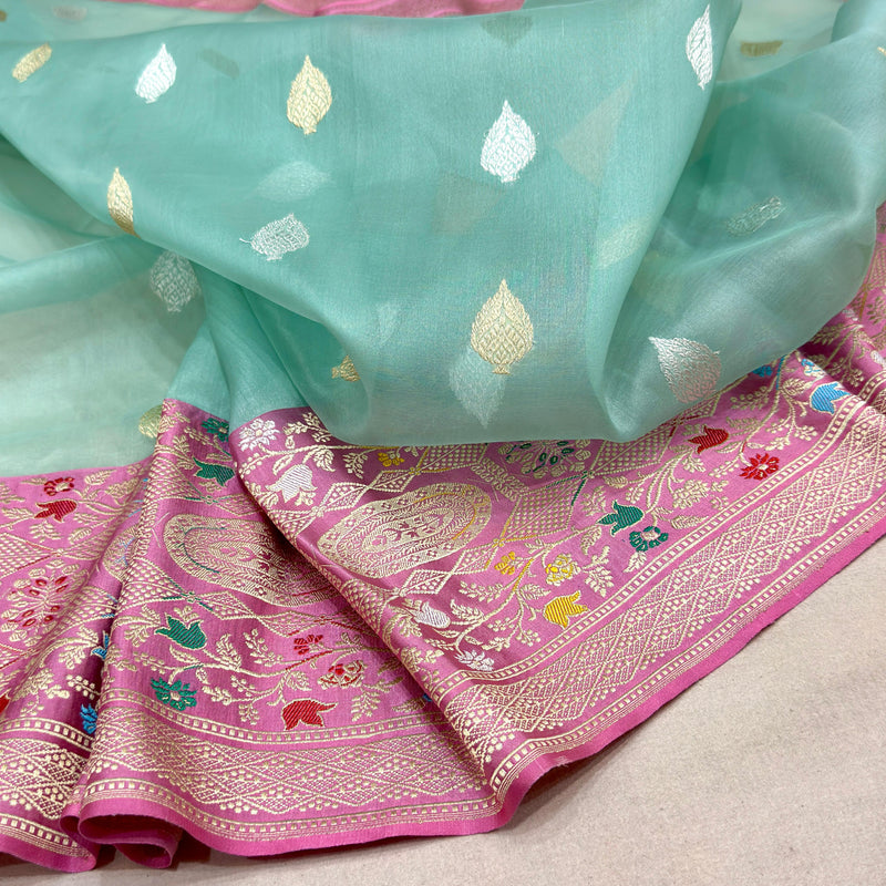 Light green colour pure kora Handwoven Banarasi saree