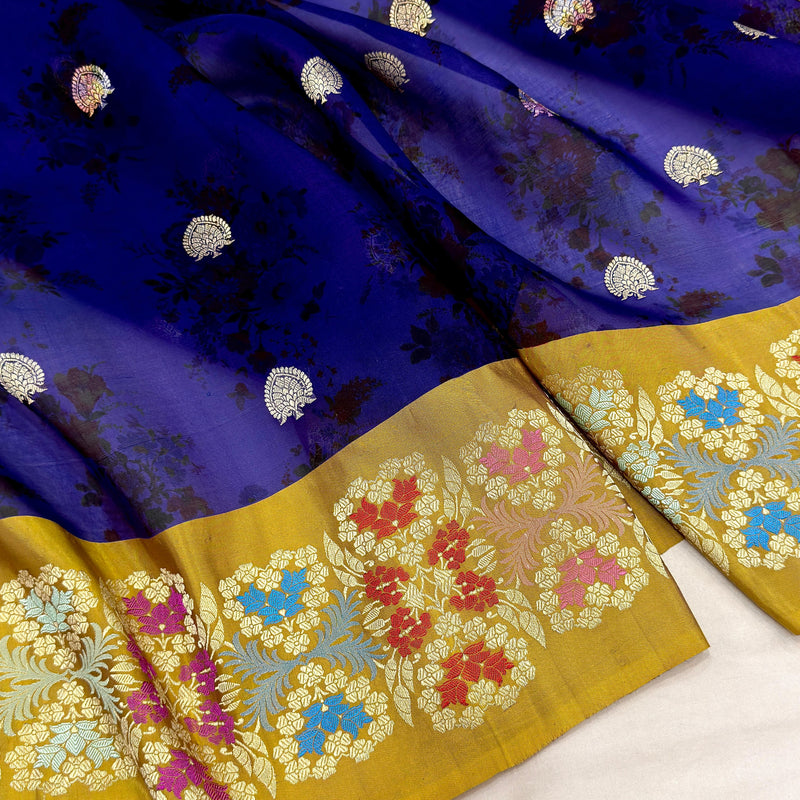 Multicolour Pure kora digital print handwoven banarasi saree