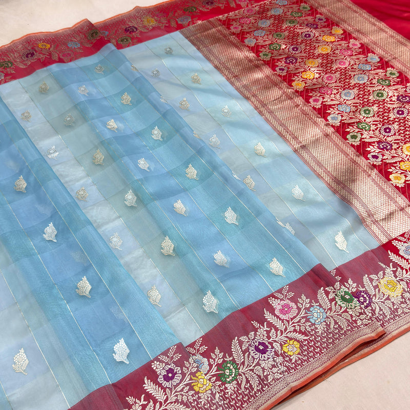 Sky Blue colour pure kora Handwoven banarasi